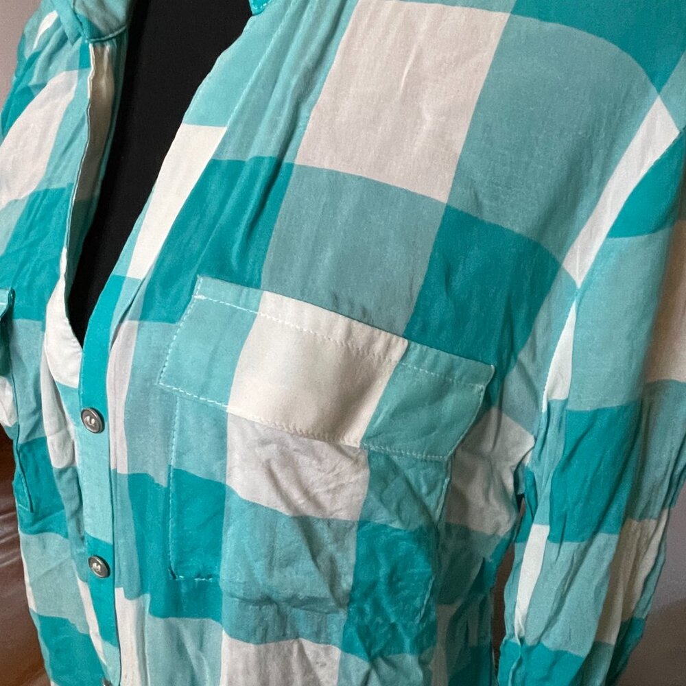 Teal Checkered Button Up Blouse - image 2